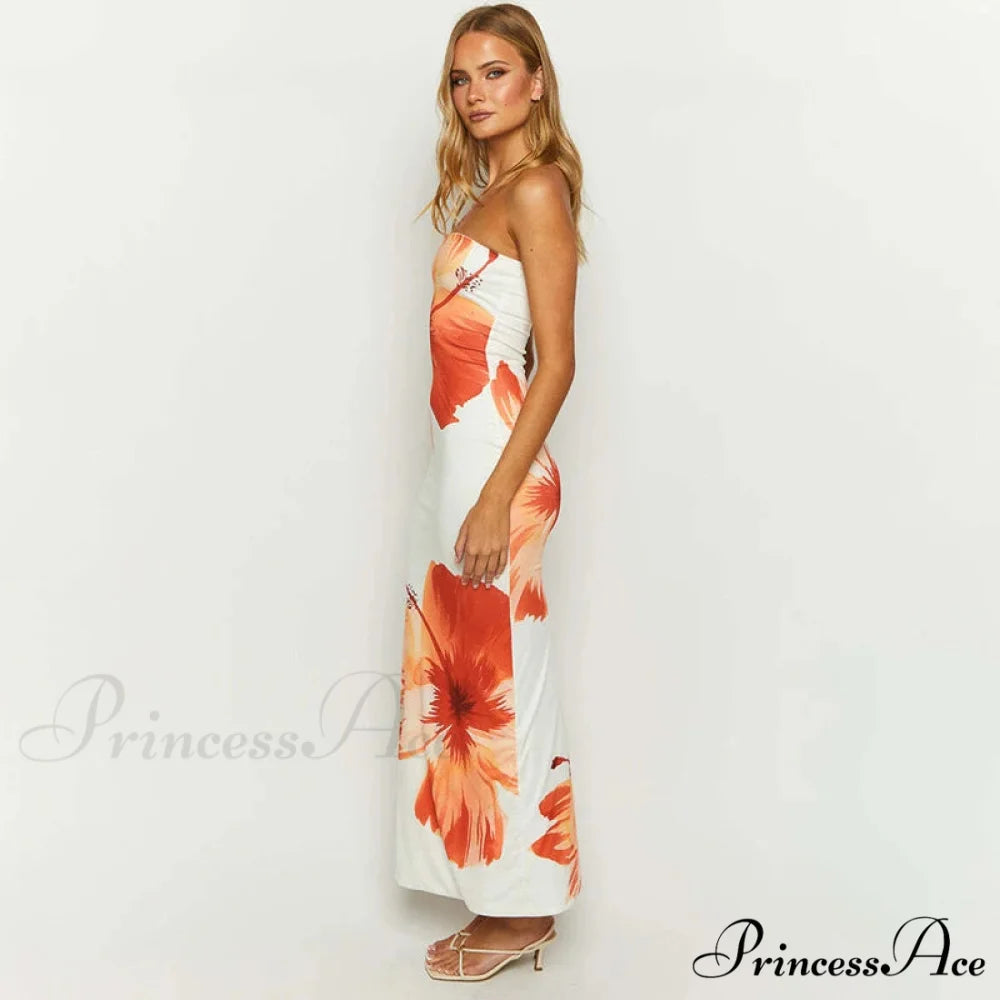 Floral Patterned Off-The-Shoulder Sleek Beach Long Flowered Dress floraldress-250126