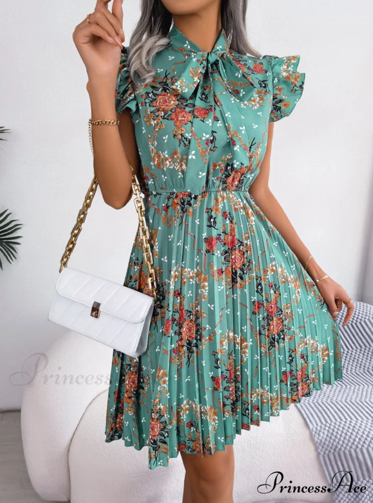 Floral Pleated Dress S / Blue