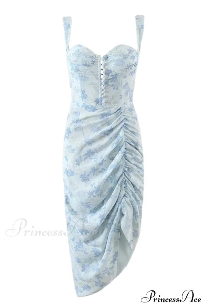 Floral Print Blue Corset Ruched Split Dress