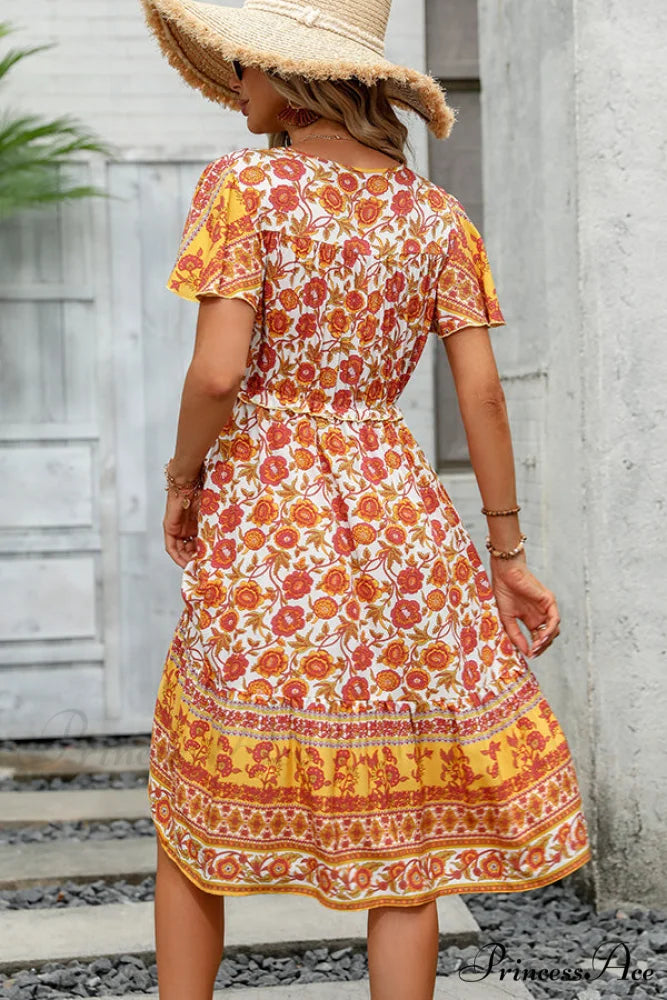 Floral Print Deep Trendy V Neck Mini Dress