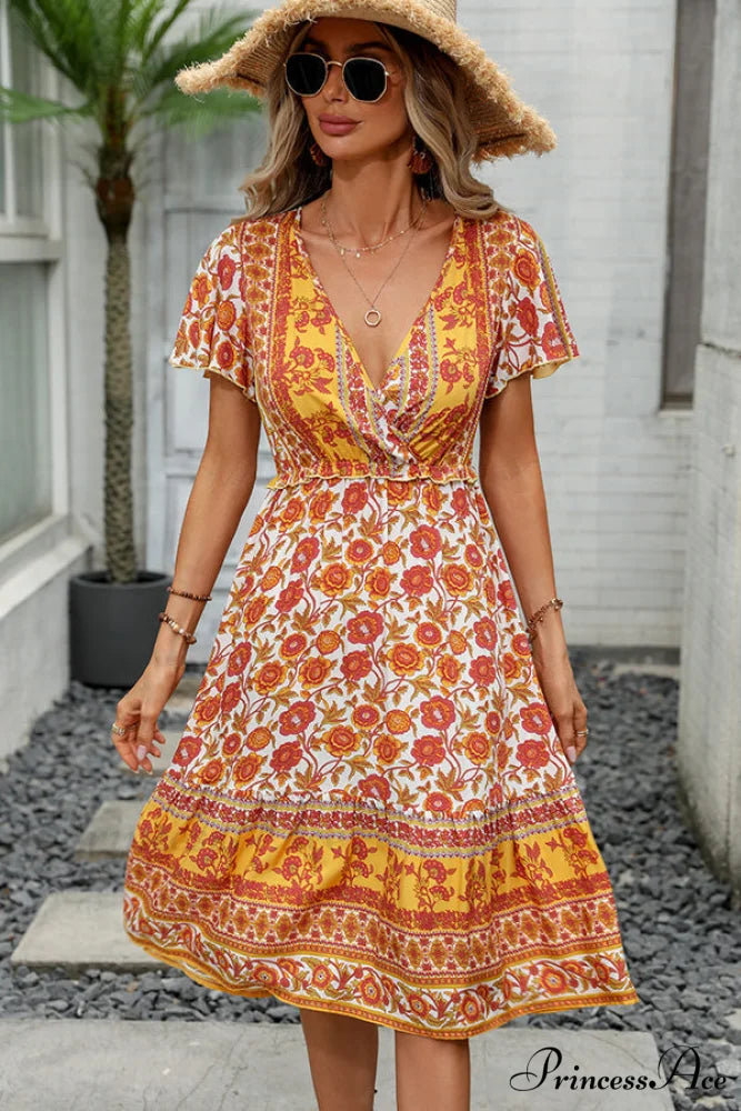 Floral Print Deep Trendy V Neck Mini Dress S / Orange