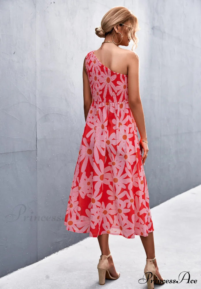 Floral Print Diagonal Shoulder Dress L / white red
