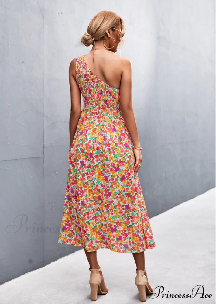 Floral Print Diagonal Shoulder Dress XL / white red