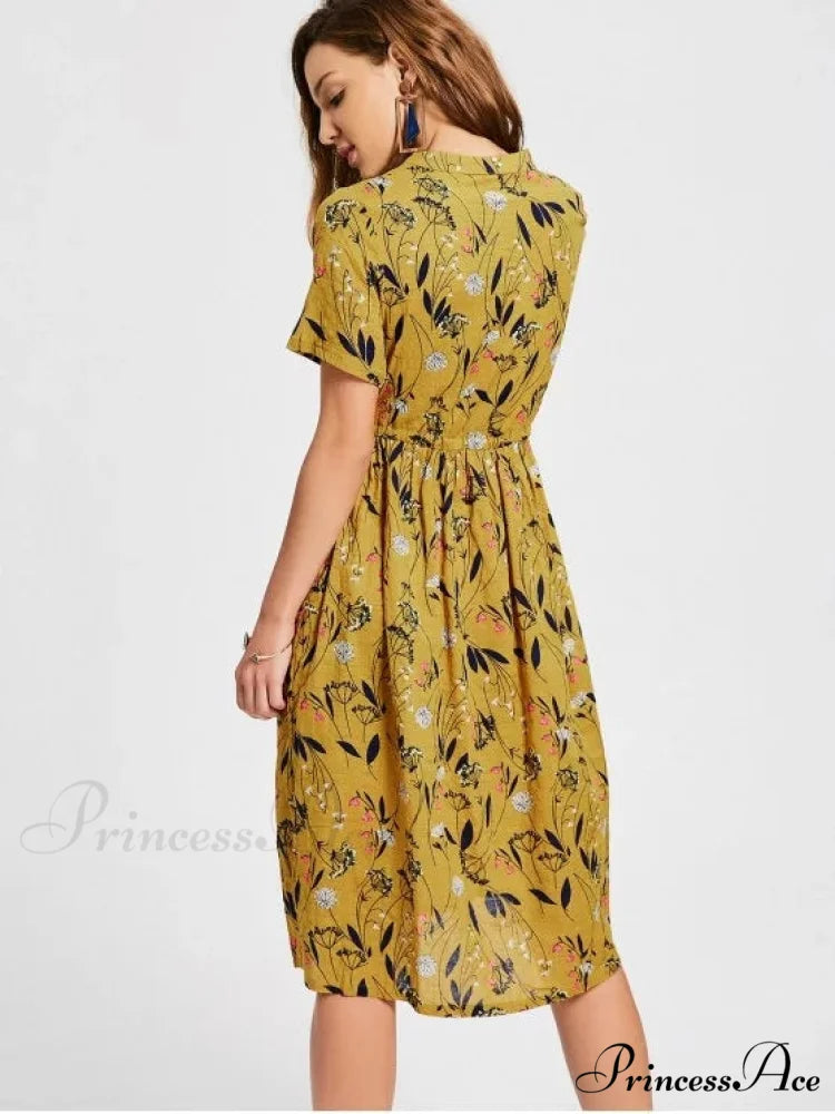 Floral Print Drawstring Dress L / GINGER