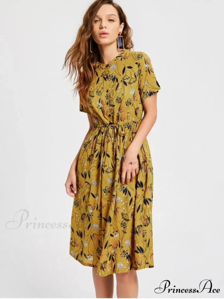 Floral Print Drawstring Dress M / GINGER
