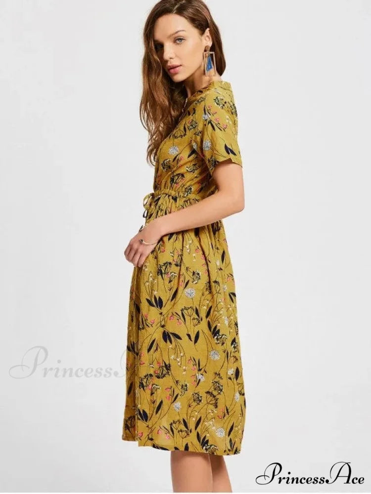Floral Print Drawstring Dress M / PURPLISH BLUE