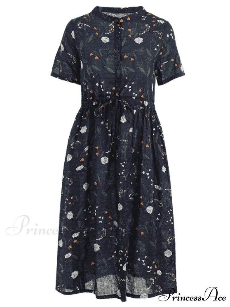 Floral Print Drawstring Dress XL / PURPLISH BLUE