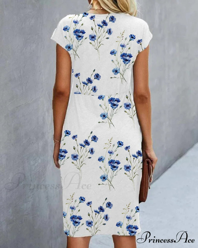 Floral Print Dress - Blue with Short Sleeves