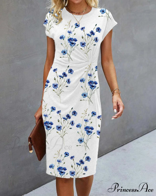 Floral Print Dress - Blue with Short Sleeves White / S