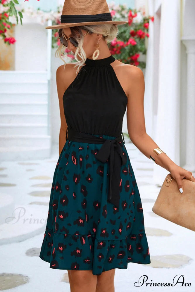 Floral Print Frill Trendy Sleeveless Casual Dress S / Black