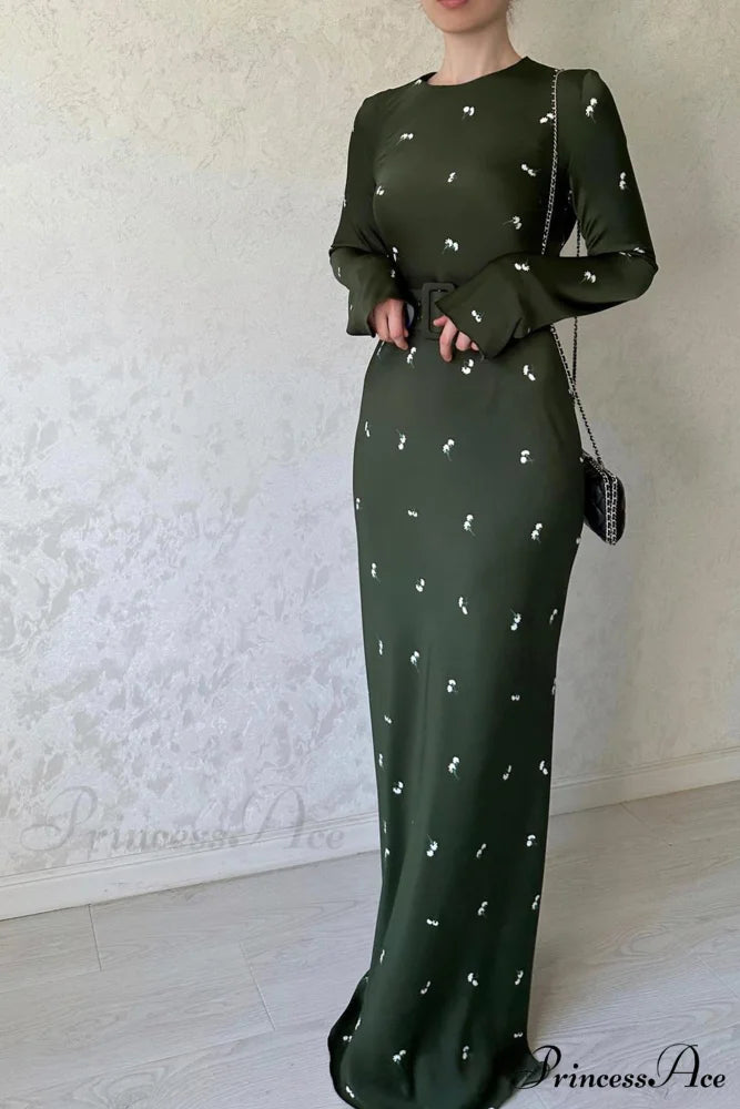 Floral Print High Waist Midi Dress with Belt Dark Green / 2XL