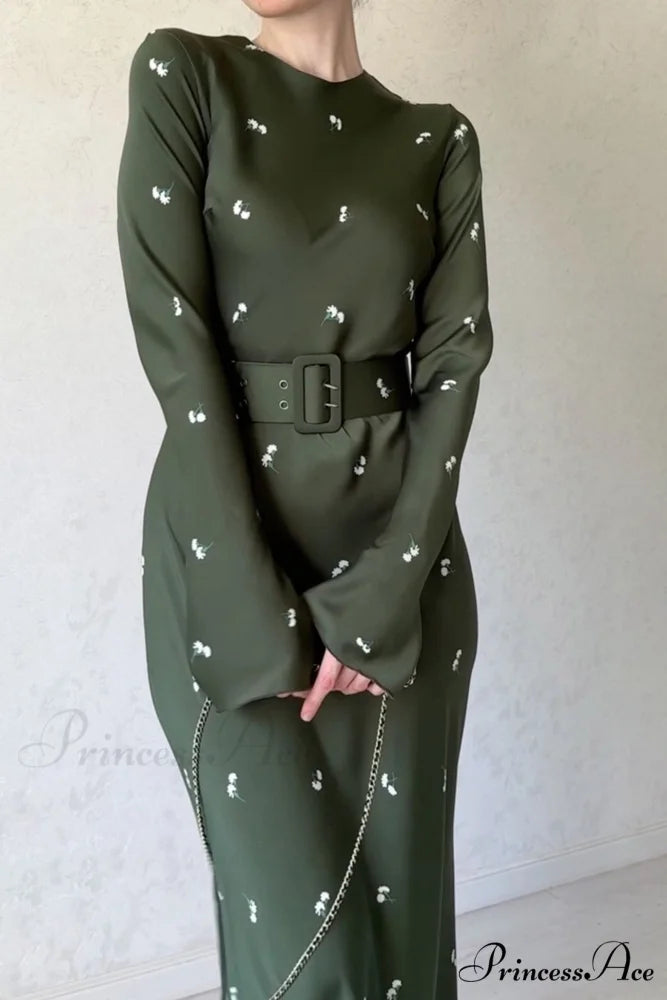 Floral Print High Waist Midi Dress with Belt Dark Green / L
