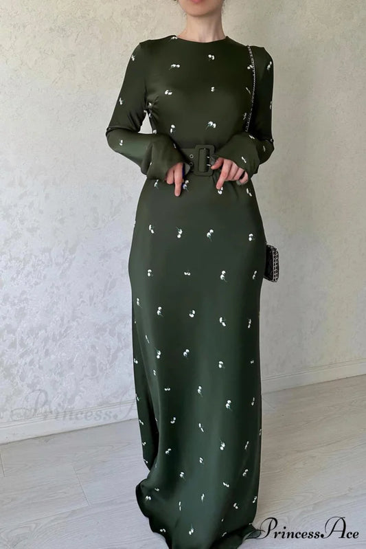 Floral Print High Waist Midi Dress with Belt Dark Green / M