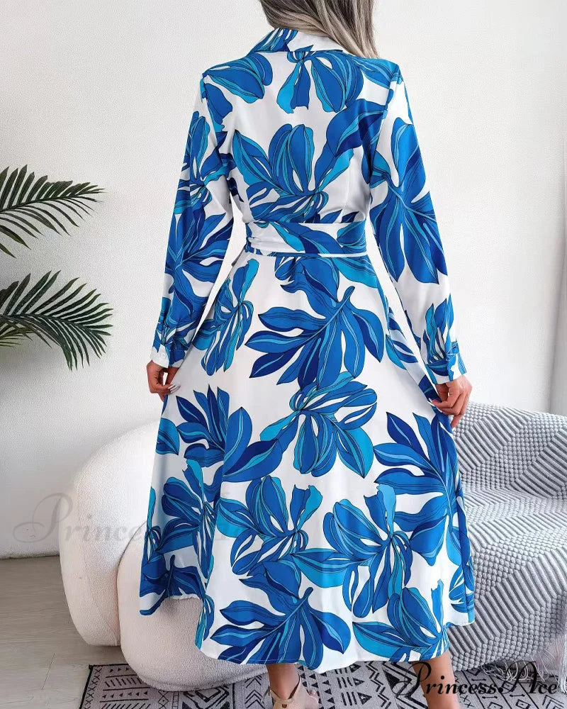Floral Print Lapel Shirt Dress with Contrast