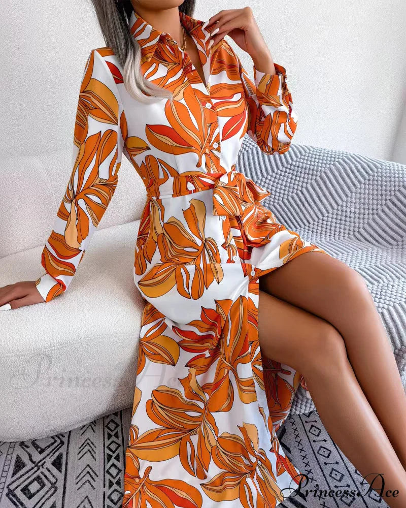 Floral Print Lapel Shirt Dress with Contrast
