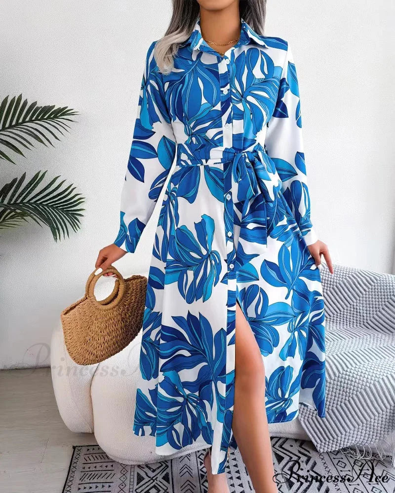 Floral Print Lapel Shirt Dress with Contrast Blue / S