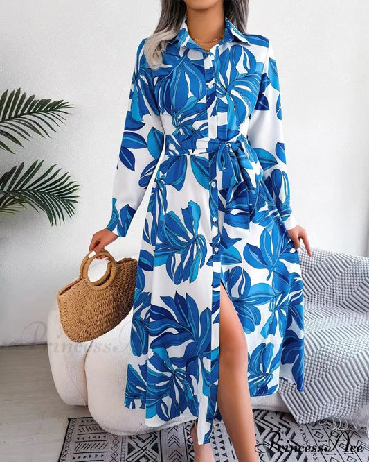 Floral Print Lapel Shirt Dress with Contrast Blue / S