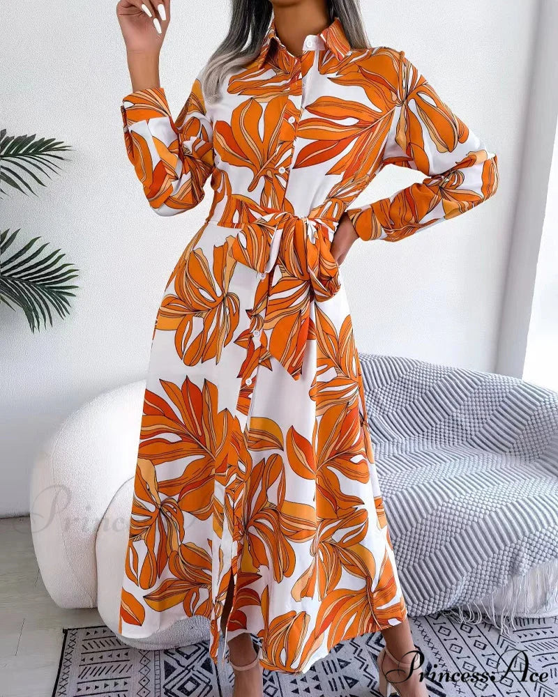 Floral Print Lapel Shirt Dress with Contrast Orange / S