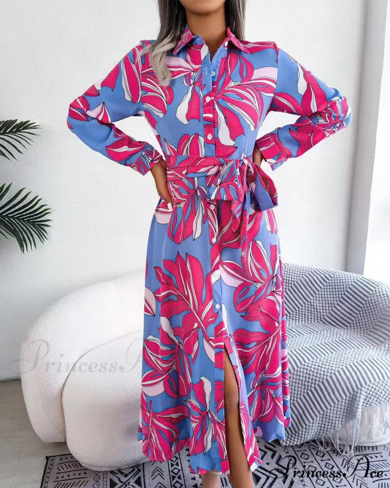 Floral Print Lapel Shirt Dress with Contrast Purple / S
