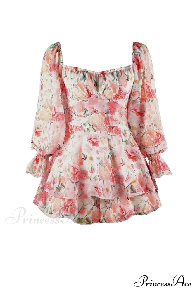 Floral Print Long Sleeve Ruffled Skirt Trousers