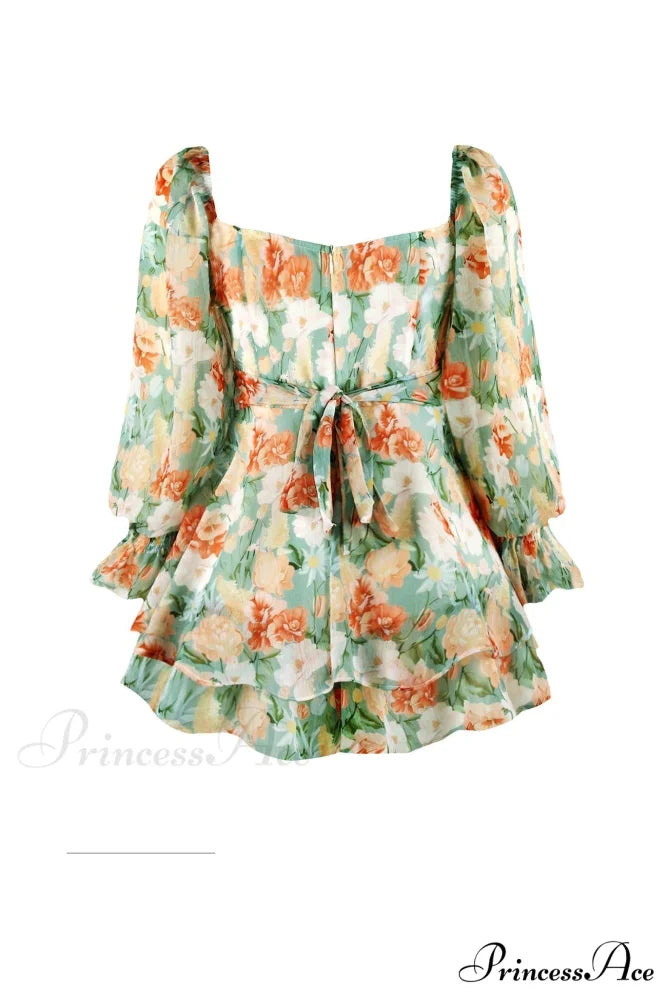 Floral Print Long Sleeve Ruffled Skirt Trousers