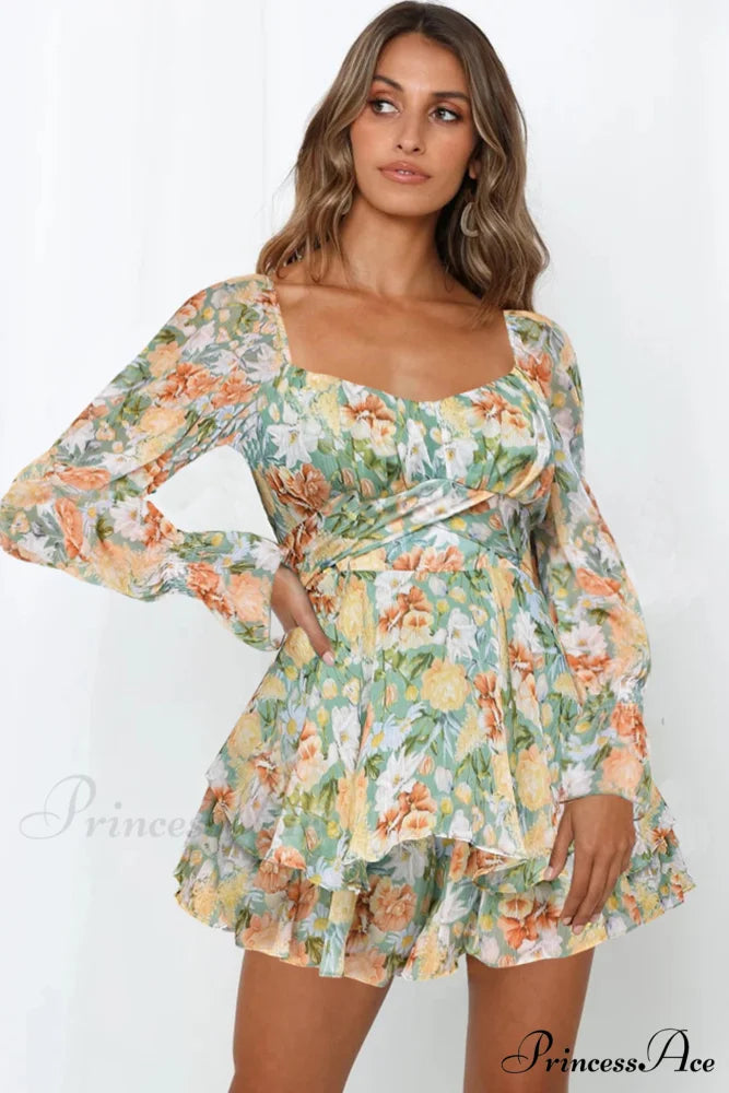 Floral Print Long Sleeve Ruffled Skirt Trousers Green / L