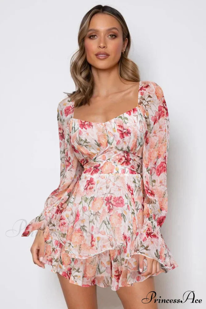 Floral Print Long Sleeve Ruffled Skirt Trousers Pink / S