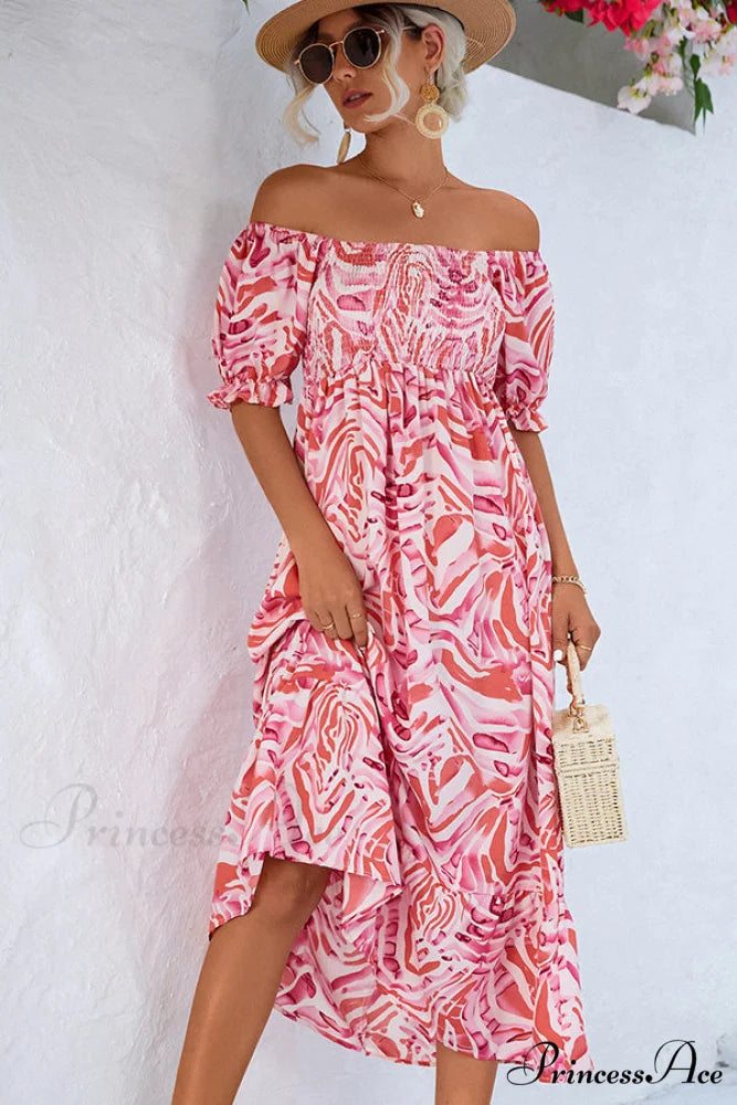 Floral Print Off Shoulder Modern Lace Up Mini Dress S / Pink