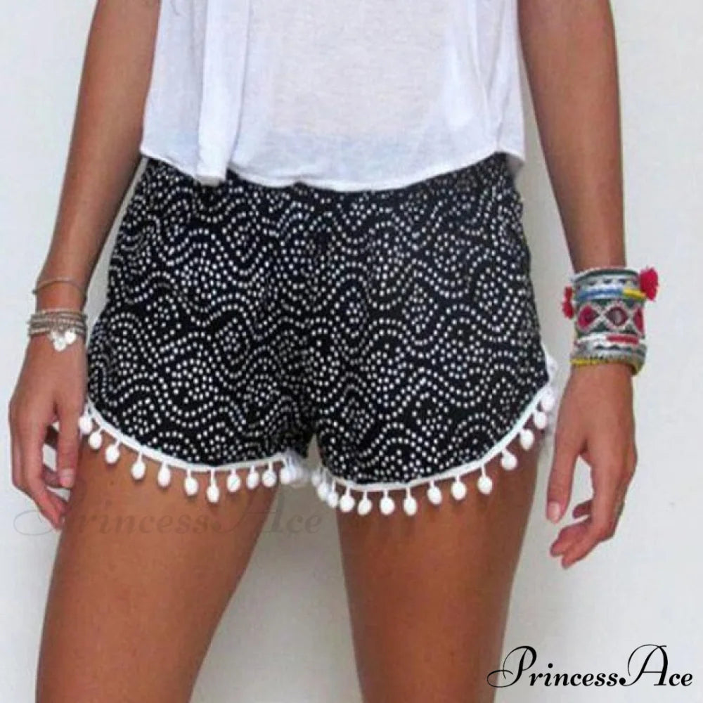 Floral Print Pom Ball Shorts Black / S