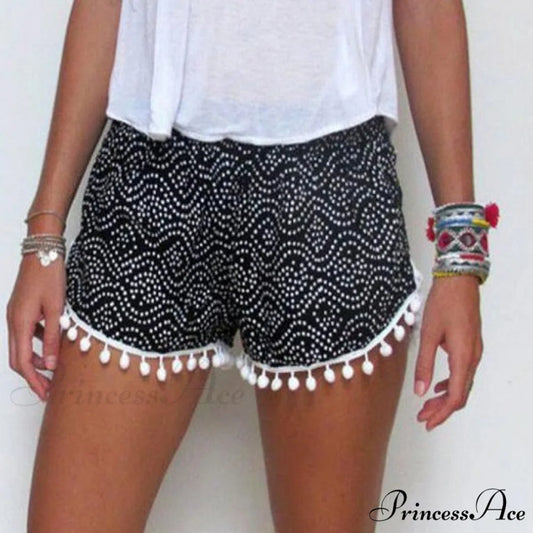 Floral Print Pom Ball Shorts Black / S
