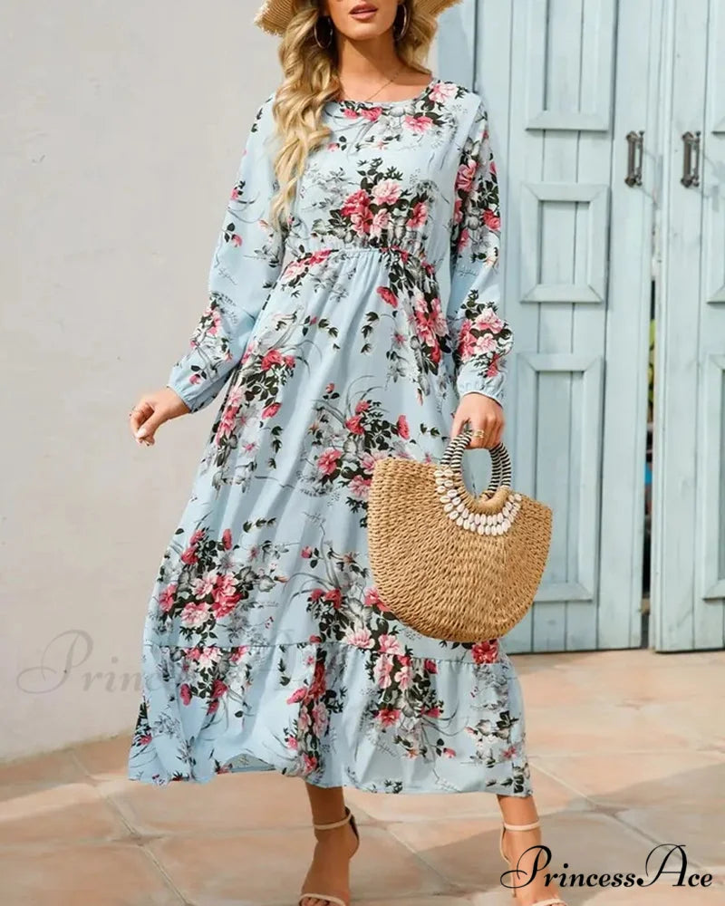 Floral Print Round Neck Dress Sky blue / S