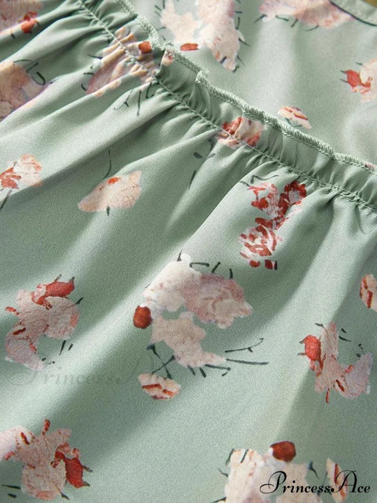 Floral Print Ruched Tie Front Split Sophisticated Trim Puff Sleeve Mini Sundress - Black