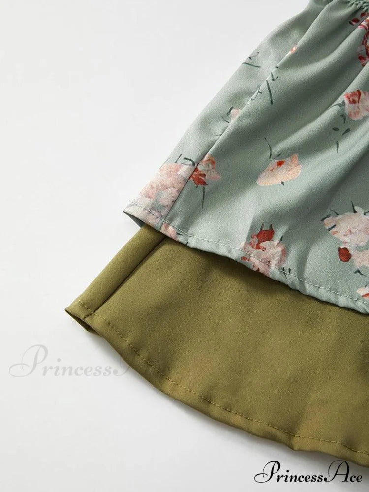 Floral Print Ruched Tie Front Split Sophisticated Trim Puff Sleeve Mini Sundress - Black