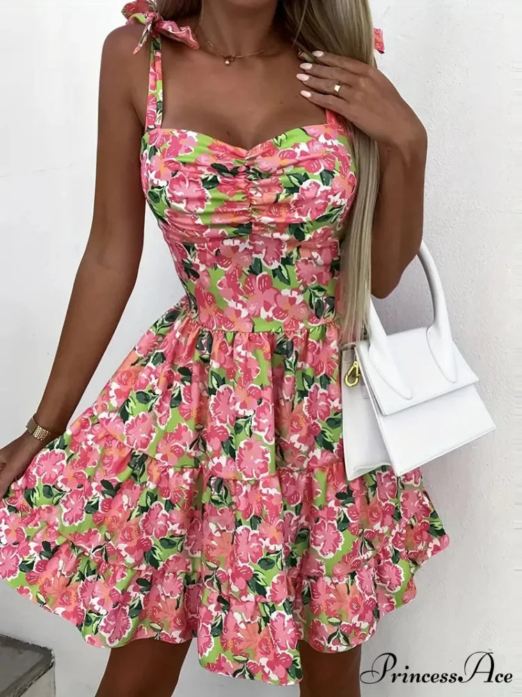 Floral Print Ruffle Hem Cami Dress with Spaghetti Straps L / Rose