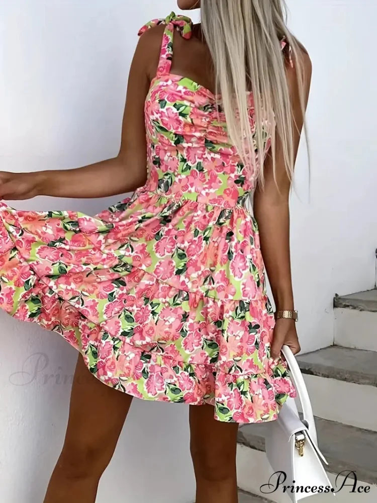 Floral Print Ruffle Hem Cami Dress with Spaghetti Straps M / Pink