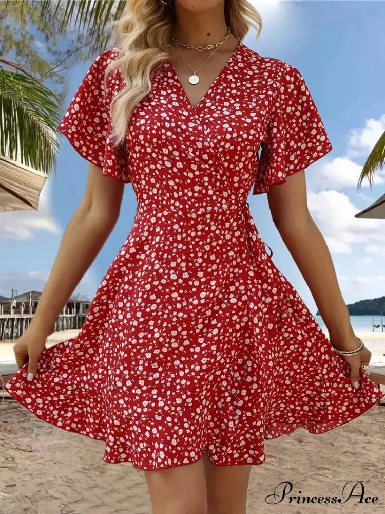 Floral Print Ruffle Hem Wrap Dress with Short Sleeves and V-neck M / Yellow