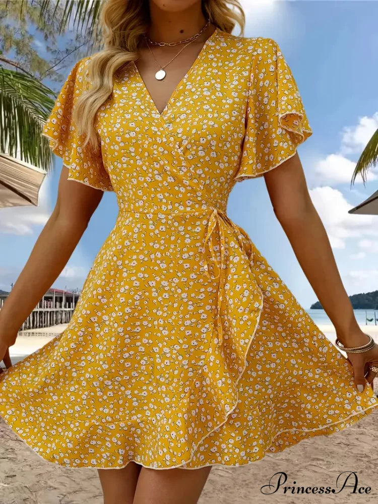 Floral Print Ruffle Hem Wrap Dress with Short Sleeves and V-neck S / Yellow
