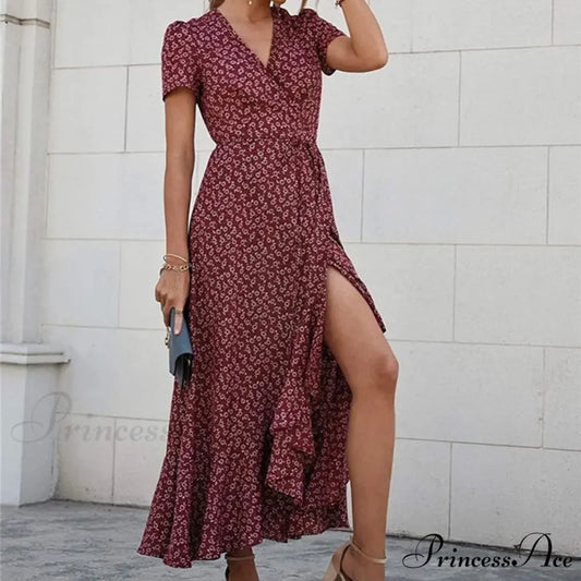 Floral Print Sexy V Neck Ruffle Hem Wrap Vintage Boho Dress