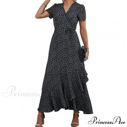 Floral Print Sexy V Neck Ruffle Hem Wrap Vintage Boho Dress Black / S