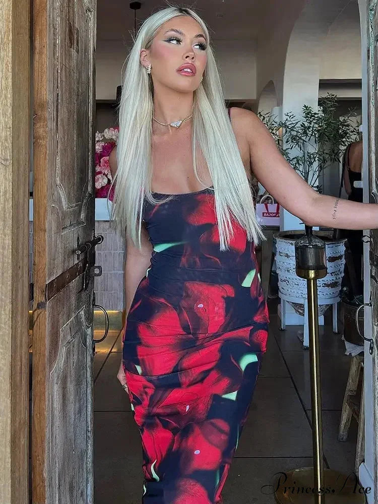 Floral Print Sleeveless Maxi Dress Red / S