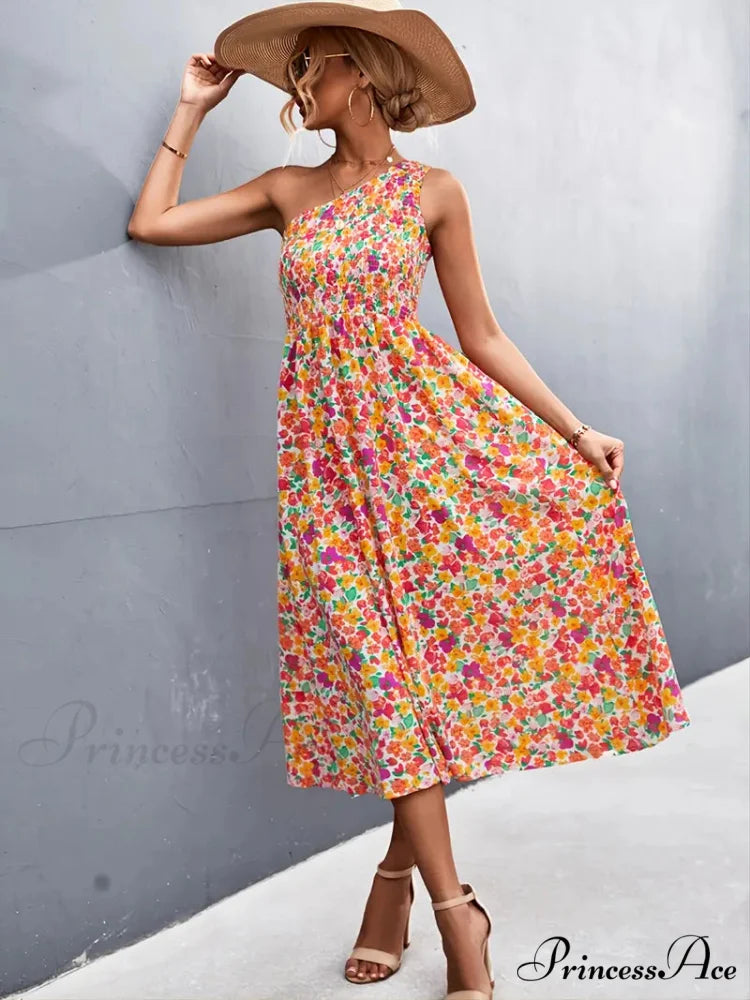 Floral Print Smocked Maxi Dress with One Shoulder M / Orange