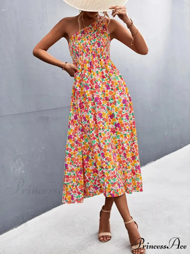 Floral Print Smocked Maxi Dress with One Shoulder M / Red