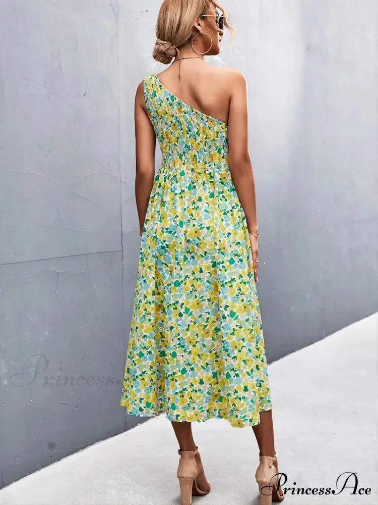 Floral Print Smocked Maxi Dress with One Shoulder S / Green