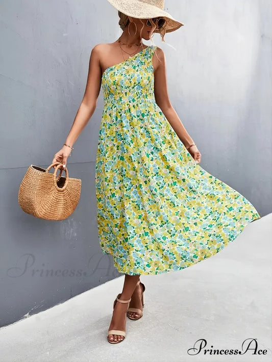 Floral Print Smocked Maxi Dress with One Shoulder S / Red