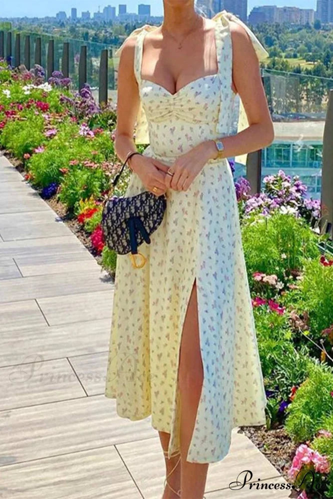 Floral Print Split Dress with Tie-Straps Light Yellow / L