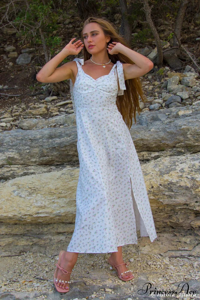 Floral Print Split Dress with Tie-Straps White / 3XL