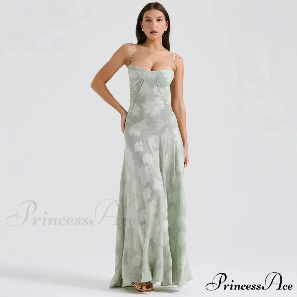 Floral Print Stylish Sheer Maxi Dress Green / XS
