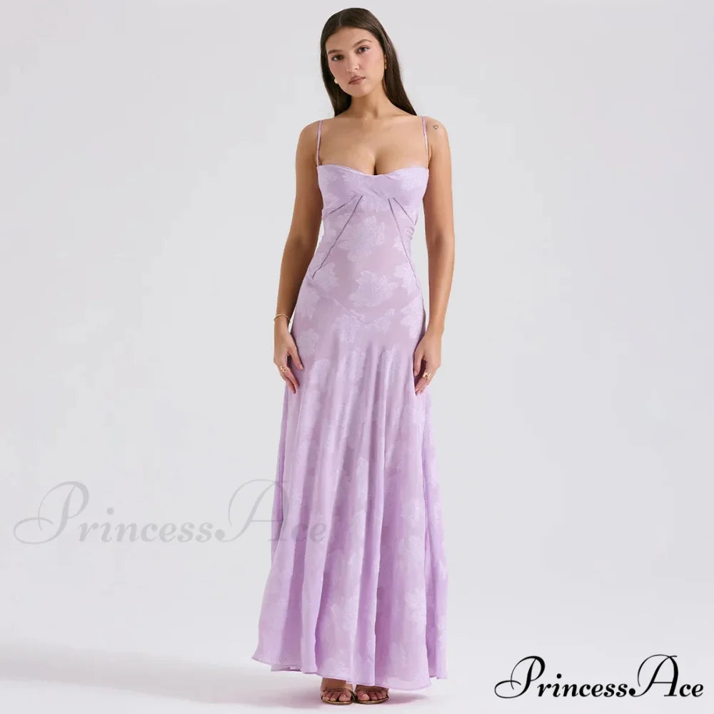 Floral Print Stylish Sheer Maxi Dress Lavender / XS