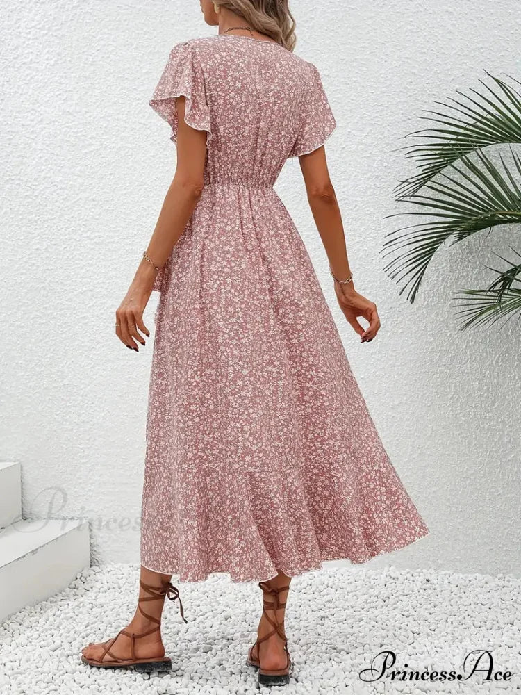 Floral Print Surplice Neck Tied Dress with Flutter Sleeves L / Pink