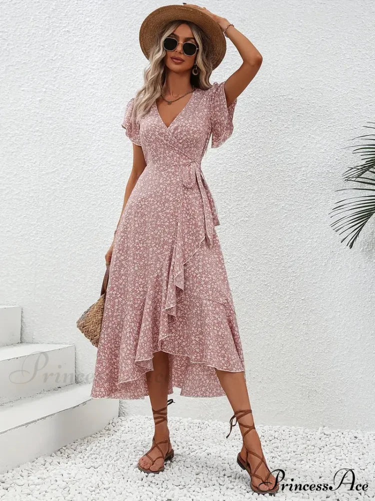 Floral Print Surplice Neck Tied Dress with Flutter Sleeves M / Blue